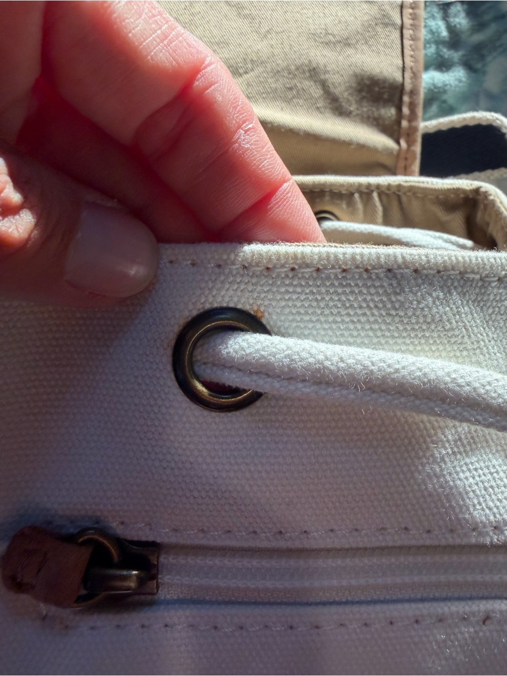 LL Bean Vintage Whale-Print Backpack with Leather Flap - Cream and Tan - Picture 8 of 10